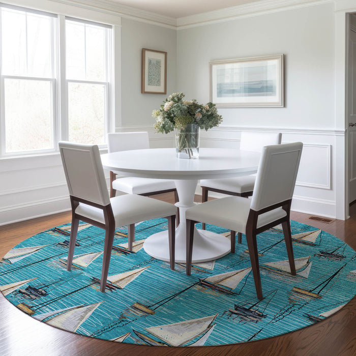 8' Nautical Washable Round Rug With UV Protection - Teal Blue