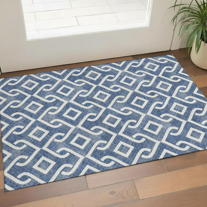 3' X 5' Geometric Washable Area Rug With UV Protection (652534) - Navy Blue / Ivory