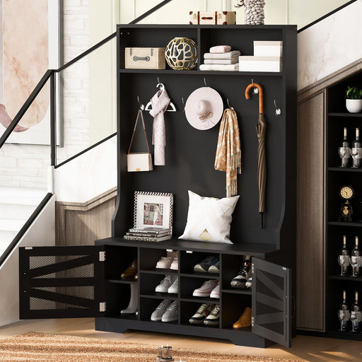 Giga entryway hall tree with bench, coat rack, and adjustable shelves, featuring a modern 3-in-1 design with hooks and seating area.