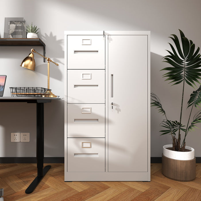 Steel Giga vertical filing cabinet with four drawers, lock, and door for office or school storage, sturdy metal construction.