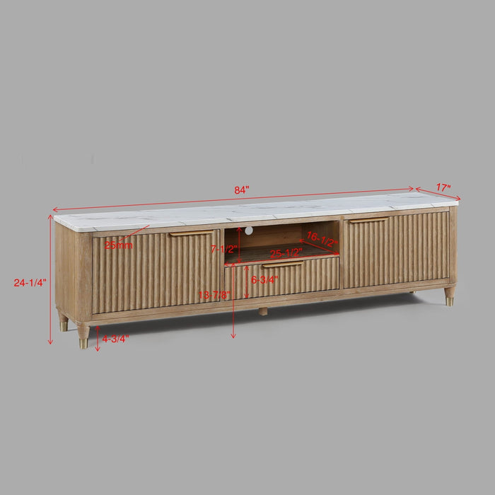 Giga fluted TV stand with natural wood finish and white accents, modern design with sleek fluted details for living room decor