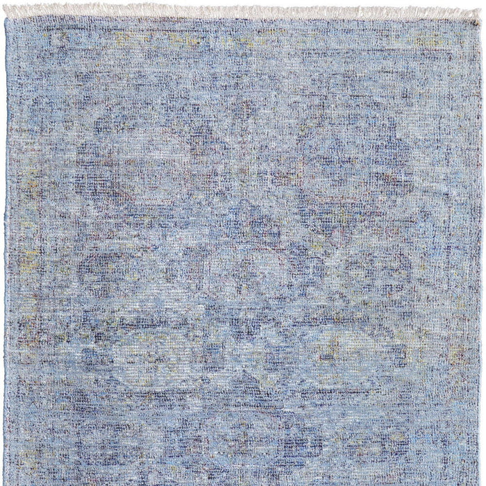 5' X 8' Abstract Hand Woven Distressed Area Rug With Fringe - Blue And Ivory