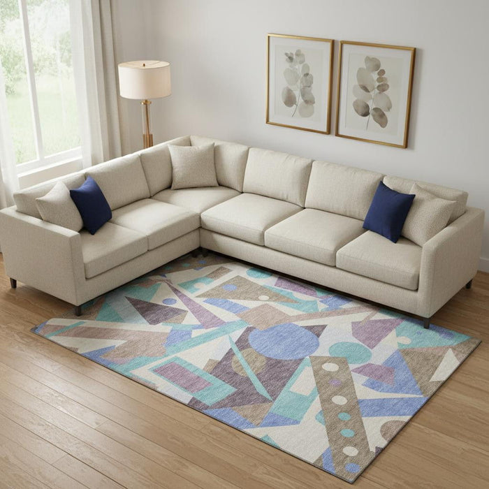 10' X 14' Geometric Washable Area Rug With UV Protection (697398) - Coffee / Purple / Teal