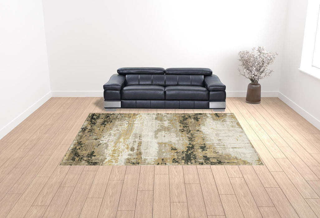 10' x 13' Abstract Power Loom Stain Resistant Area Rug With Fringe - Gray Gold Black Charcoal And Beige