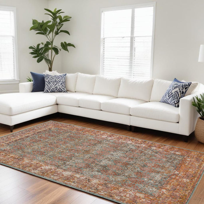 10' x 14' Medallion Power Loom Worn Faded Area Rug - Teal And Orange