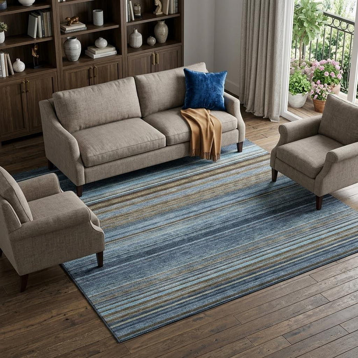10' X 14' Striped Washable Area Rug With UV Protection (677315) - Navy Blue / Brown / Taupe