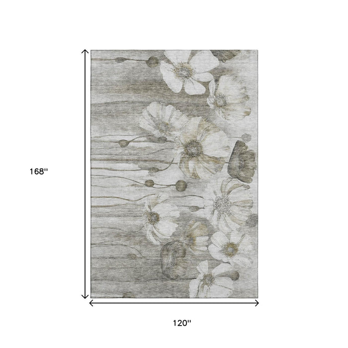10' X 14' Floral Washable Area Rug With UV Protection (657335) - Taupe / Ivory