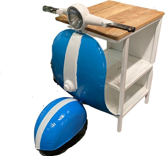 Solid Wood End Table With Two Shelves - Brown / Blue / White