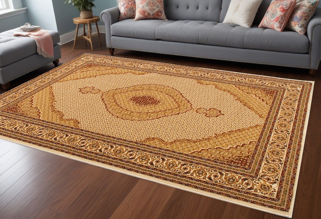 8' x 11' Oriental Power Loom Area Rug - Ivory And Beige