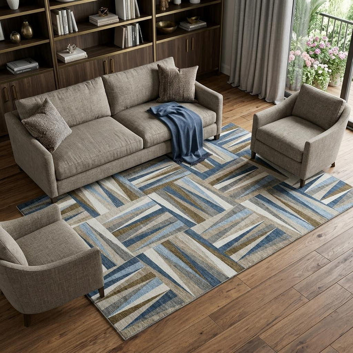 10' X 14' Geometric Washable Area Rug With UV Protection (679444) - Navy Blue / Brown / Ivory