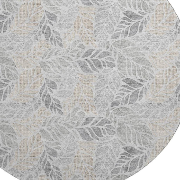 8' Tropical Botanical Distressed Washable Round Rug With UV Protection (646322) - Light Gray / Taupe / Charcoal
