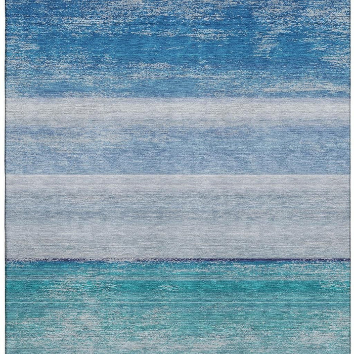10' X 14' Striped Washable Area Rug With UV Protection (692535) - Sky Blue / Beige / Ivory