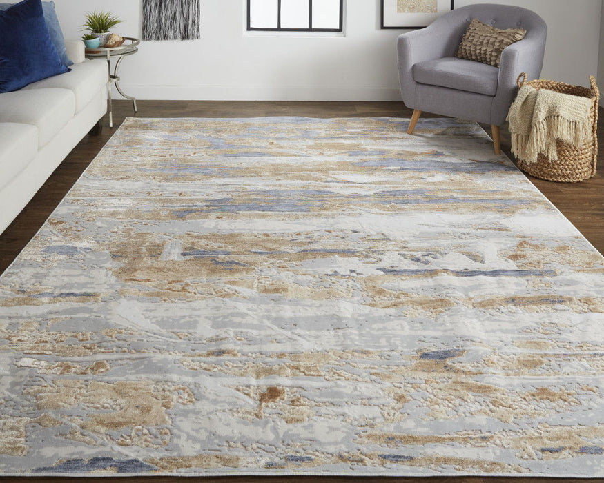 8' x 10' Abstract Power Loom Distressed Area Rug - Tan Orange And Ivory