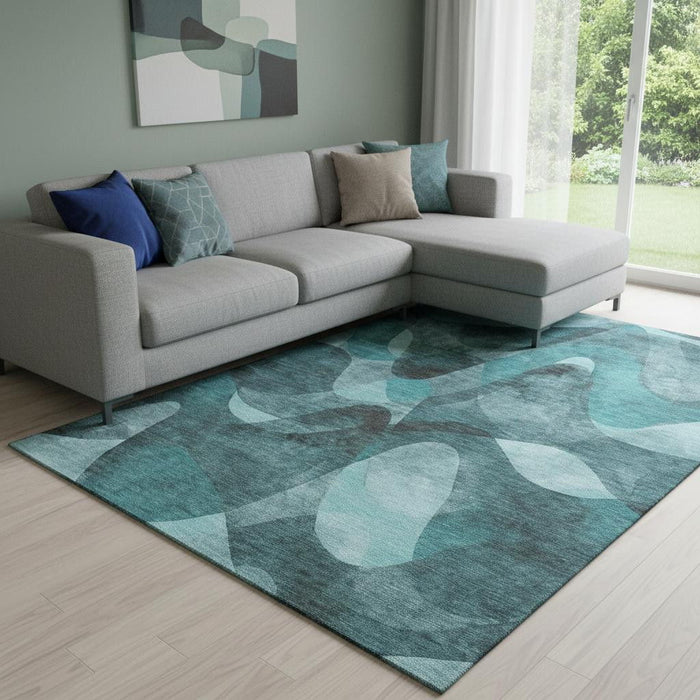 9' X 12' Abstract Washable Area Rug With UV Protection (648105) - Teal / Ivory