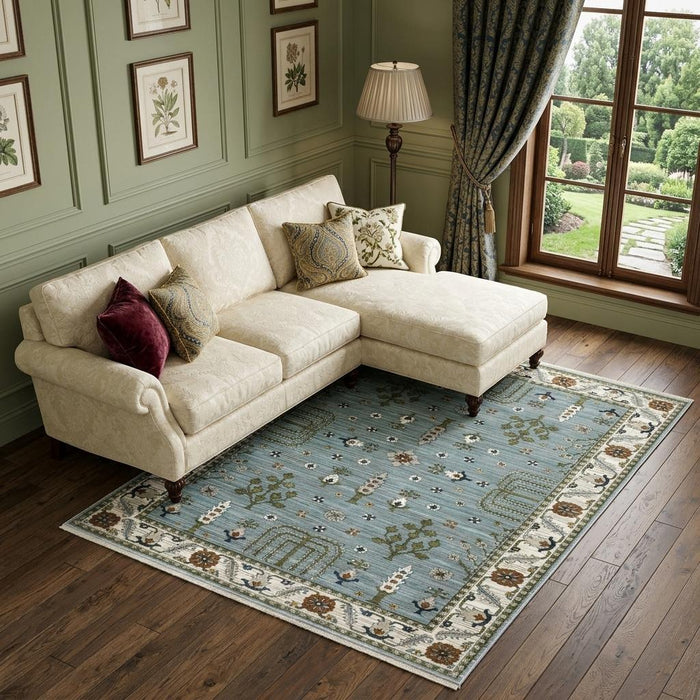 7' X 10' Floral Area Rug With Fringe (575105) - Green / Ivory