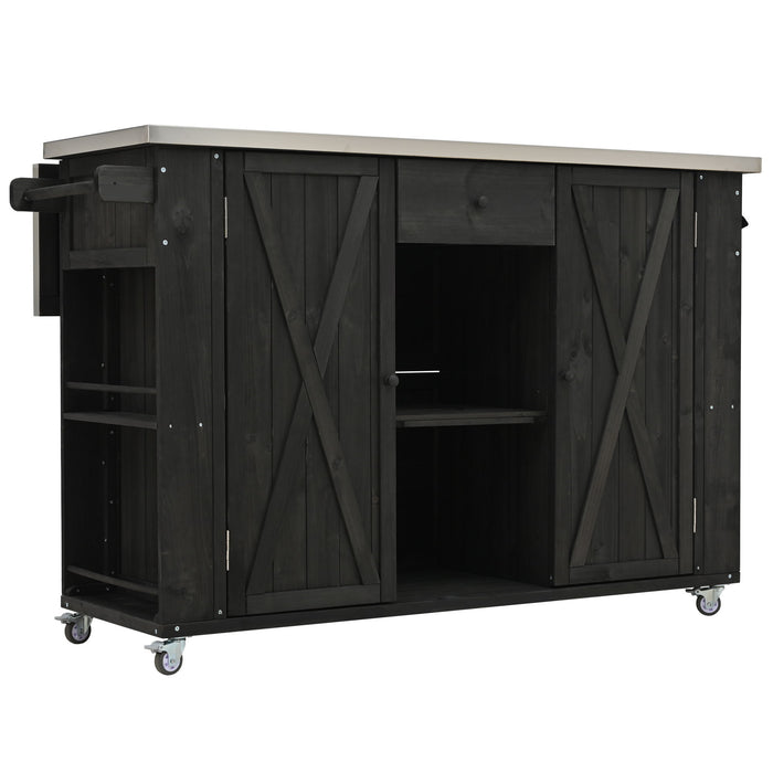 Giga outdoor kitchen island with stainless steel top, ample storage, towel and spice racks, and a built-in bottle opener.