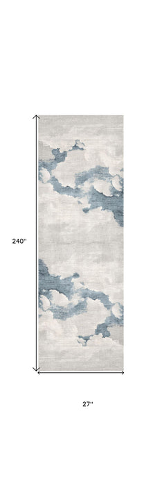 20' x 2.3' Runner Abstract Washable Non Skid Area Rug - Blue And Gray