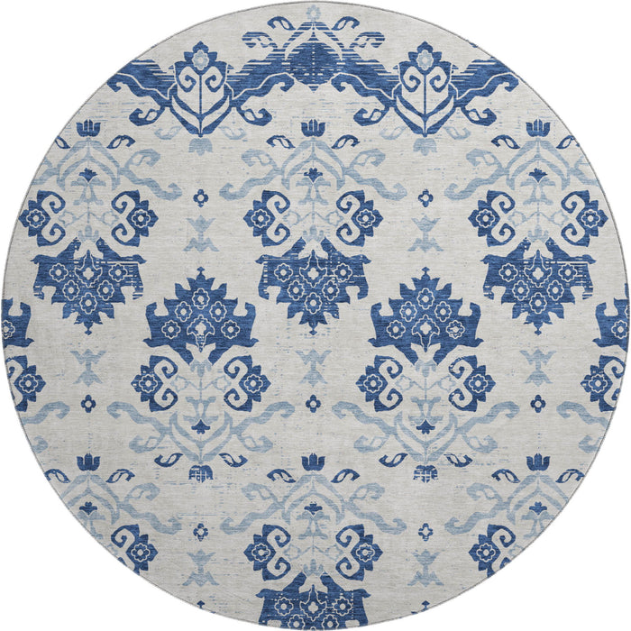 8' Medallion Washable Round Rug With UV Protection - Navy Blue And Ivory