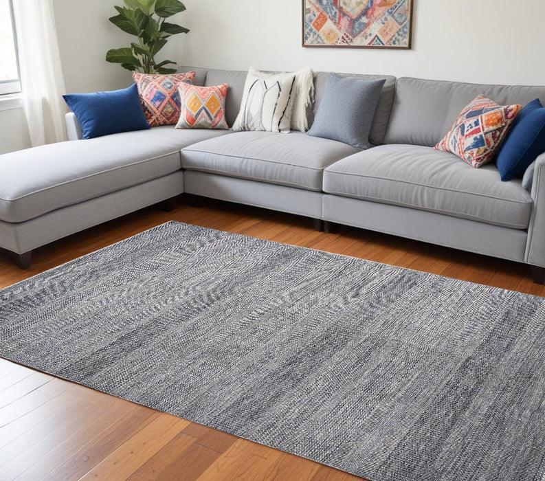 12' x 15' Wool Striped Shag Hand Knotted Area Rug - Blue And Silver