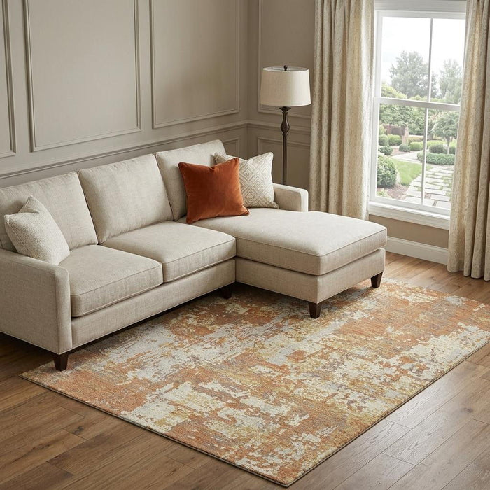 10' X 14' Abstract Washable Area Rug With UV Protection (679114) - Copper / Ivory / Gold