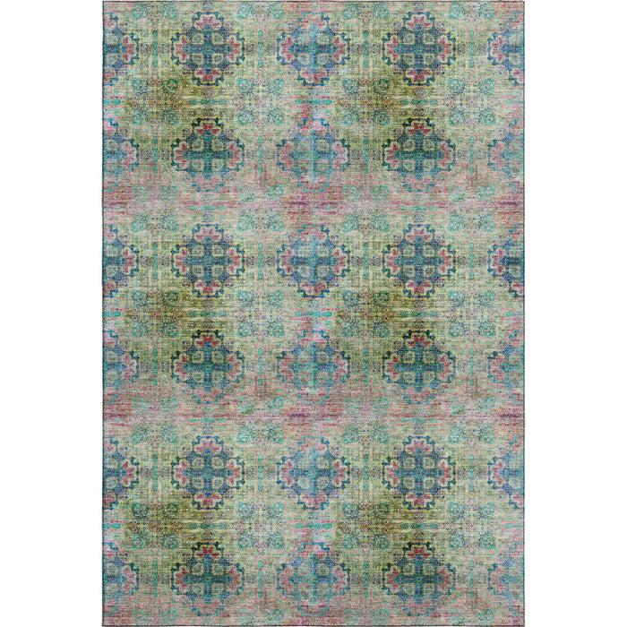 10' X 14' Floral Medallion Distressed Washable Area Rug With UV Protection (648928) - Green / Blush / Teal