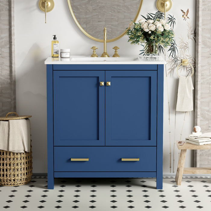 Giga bathroom vanity with single undermount sink, wood cabinet, two doors, drawer, soft-close, multifunctional storage.