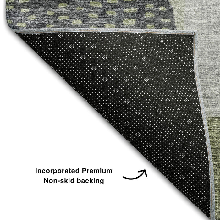 10' X 14' Geometric Washable Area Rug With UV Protection (684786) - Artichoke Green / Silver / Gray