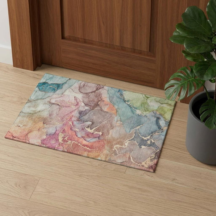 3' X 5' Abstract Washable Area Rug With UV Protection (646483) - Blue / Green / Rust