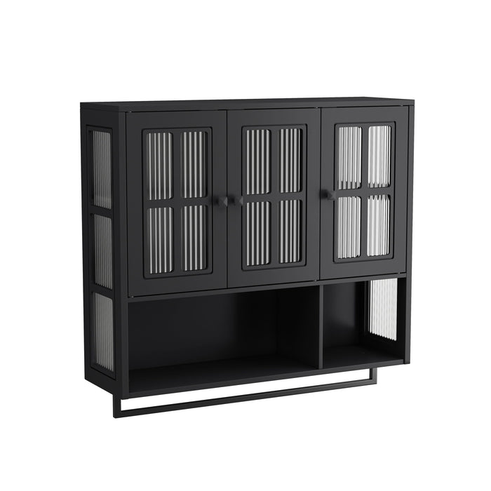 Giga 3-door wall display cabinet with glass doors and towel bar, ideal for bathroom or kitchen storage.