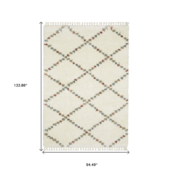 8' X 11' Diamond Shag Area Rug With Fringe - Ivory