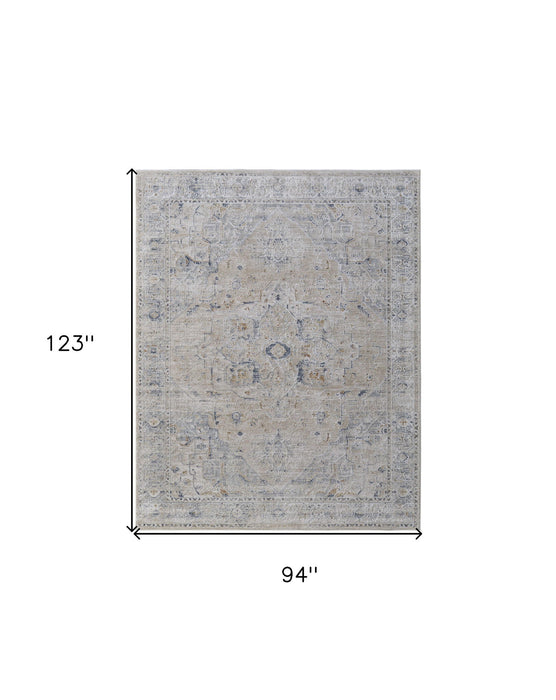 8' x 10' Oriental Power Loom Worn Faded Area Rug With Fringe - Ivory Taupe And Blue