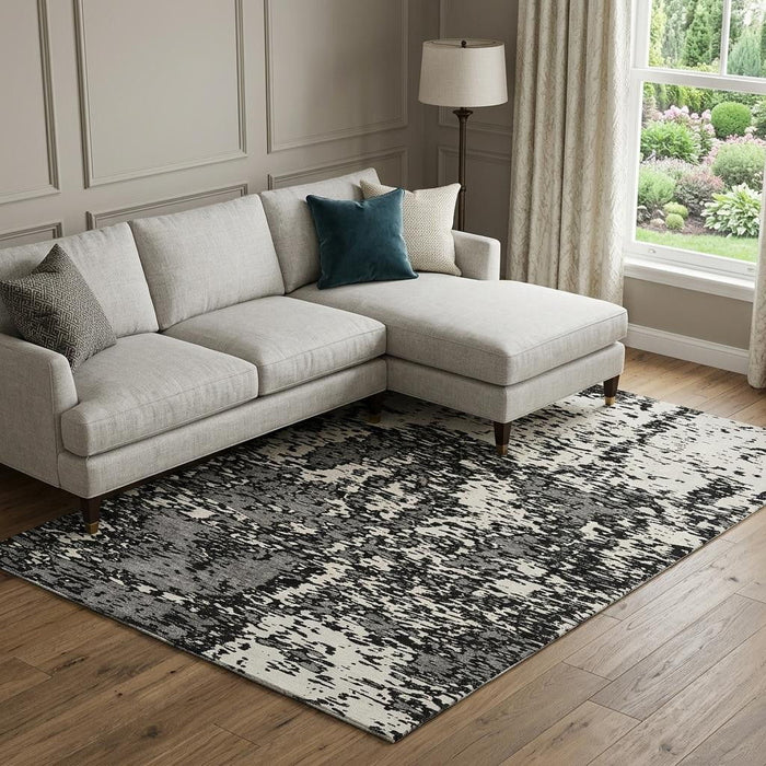 10' X 14' Abstract Washable Area Rug With UV Protection (675210) - Black / Ivory