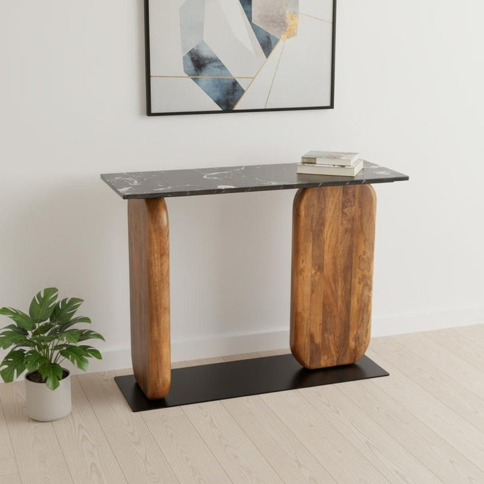 Genuine Marble And Solid Wood Console Table - Black / Brown