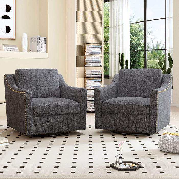 Giga 360-degree swivel armchair with skin-friendly fabric, ergonomic design, and brass nail decorative accents.