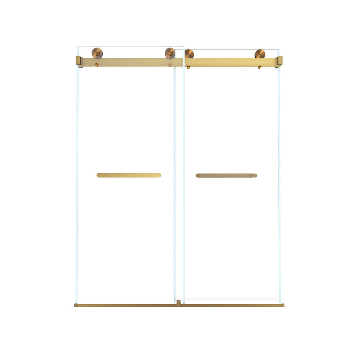 Giga frameless double sliding shower door with tempered glass, brushed gold square tube track, explosion-proof film, modern bathroom style