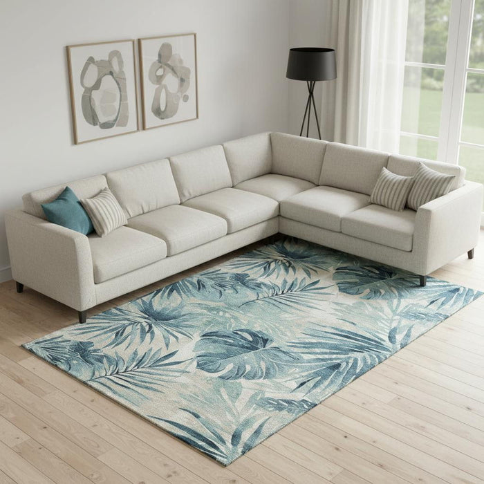 10' X 14' Floral Washable Area Rug With UV Protection (706939) - Teal / Ivory