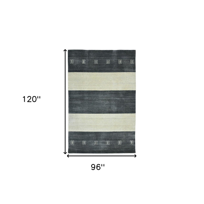 8' X 10' Wool Striped Hand Woven Area Rug - Charcoal And Ivory
