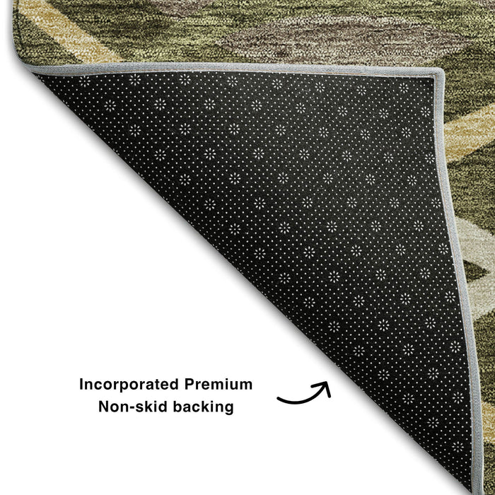 8' Abstract Washable Round Rug With UV Protection - Olive Green And Gold