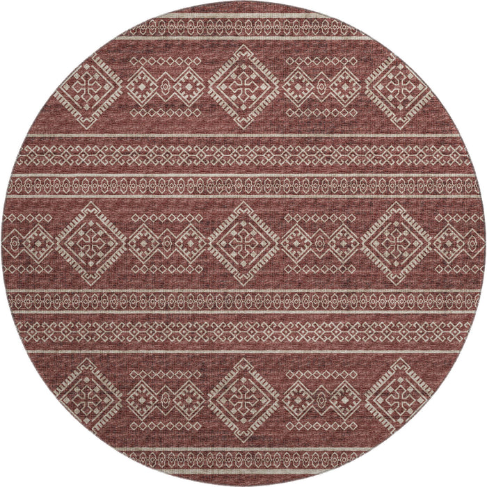 8' Tribal Washable Round Rug With UV Protection - Burnt Sienna And Ivory
