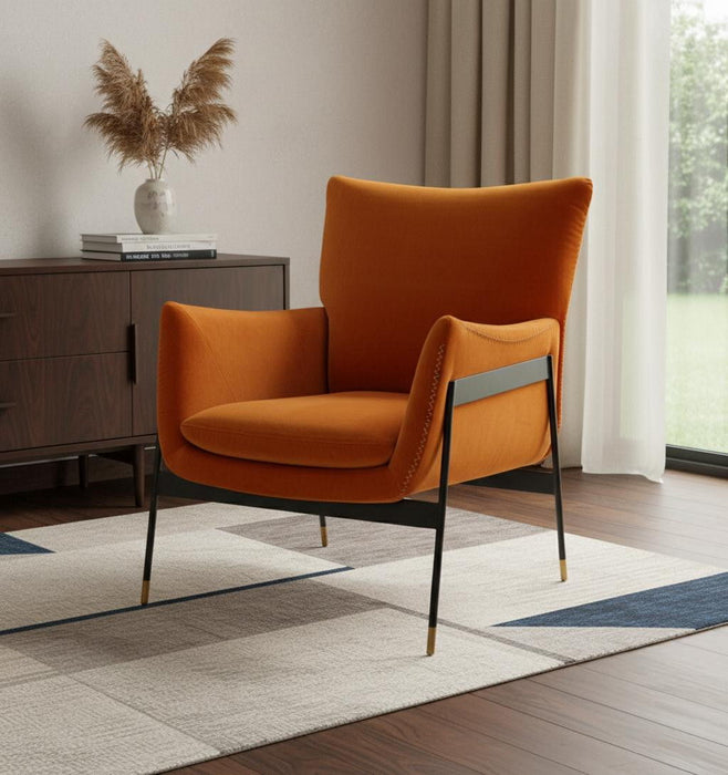 Velvet Solid Color Flared Arms Wingback Chair Metal Black Legs - Orange