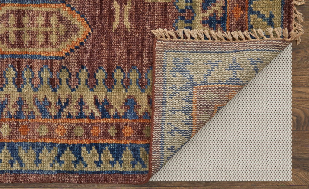14' Wool Geometric Hand Knotted Runner Rug With Fringe - Blue Red And Tan