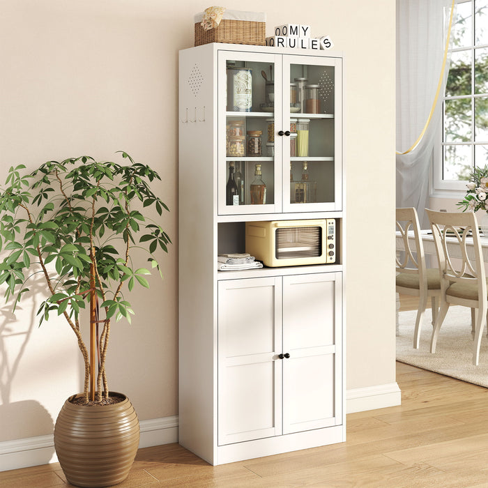 Giga white tall kitchen pantry cabinet with adjustable shelves and a heavy-duty stainless steel frame for versatile storage.