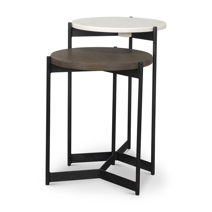 Marble Solid Wood And Metal Round Nested Tables (Set of 2) - Black And Dark Brown