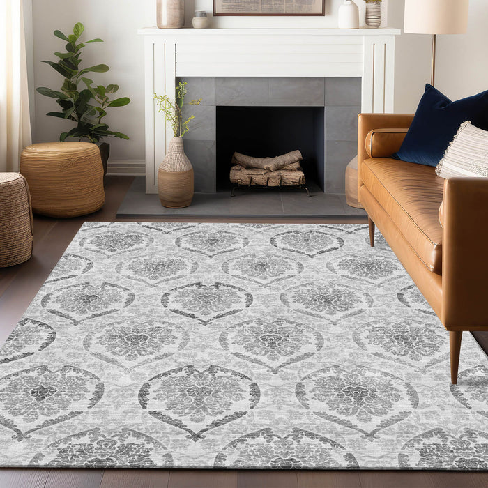 10' X 14' Medallion Washable Area Rug With UV Protection - Silver And Gray
