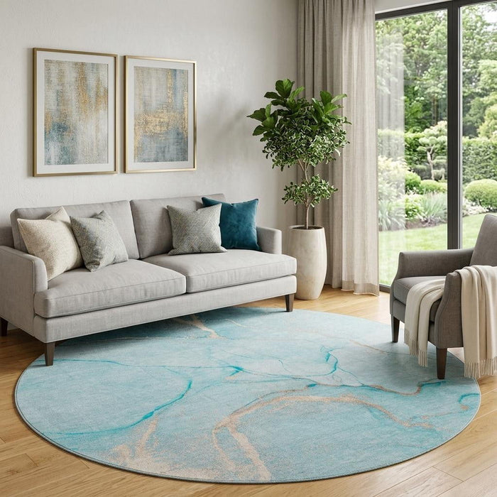 8' Abstract Washable Round Rug With UV Protection (646969) - Teal / Ivory