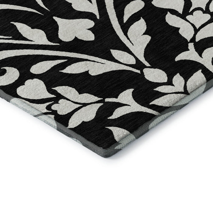 10' X 14' Floral Washable Area Rug With UV Protection (669588) - Black / Ivory