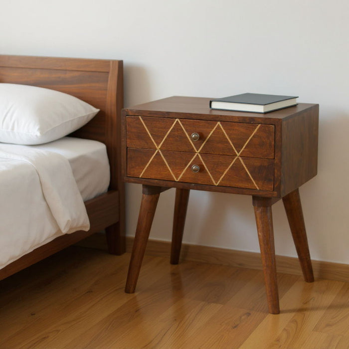 22" Solid Wood Geometric Brass Inlay Two Drawer Nightstand - Chestnut