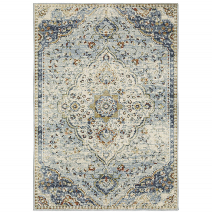 10' x 13' Oriental Power Loom Stain Resistant Area Rug - Blue Beige Rust Gold And Teal