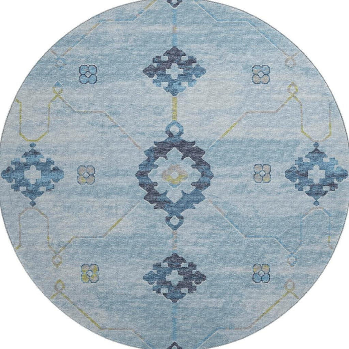 8' Floral Medallion Washable Round Rug With UV Protection - Blue And Olive