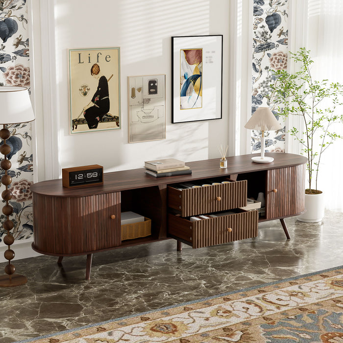 Dark brown Giga 70-inch TV stand with tambour doors and fluted drawers, modern storage for living room entertainment setup.